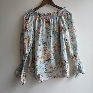 Adam Lippes Medium‎ Off The Shoulder Silk Floral Top Quiet Luxury Boho Cottage